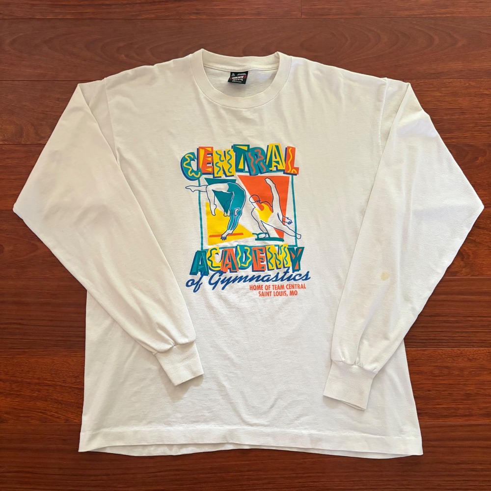 90s Mens Gymnastics Single Stitch T-Shirt XL White Long Sleeve Vintage